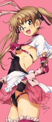Rule 34 | 1girl, absurdres, animal ears, black gloves, blush, bodysuit, bra, breasts, brown eyes, brown hair, cropped shirt, detached sleeves, erakin, glasses, gloves, highres, looking at viewer, open mouth, original, panties, pink background, print bra, print panties, rabbit ears, rabbit tail, shirt, simple background, small breasts, smile, solo, tail, thighhighs, twintails, underwear, white shirt