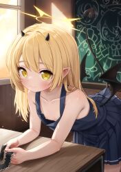 1girl absurdres black_horns black_tail black_wings blonde_hair blue_archive blue_dress blush chalkboard classroom closed_mouth collarbone commentary comodox demon_girl demon_horns demon_tail demon_wings dress english_commentary flat_chest hair_down halo highres horns ibuki_(blue_archive) indoors leaning_forward loli long_hair looking_at_viewer nipples paid_reward_available pinafore_dress pleated_dress pointy_ears short_dress sleeveless sleeveless_dress smile solo tail variant_set wings yellow_eyes yellow_halo