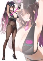 1girl absurdres armpits bare_shoulders bikini black_bikini black_hair black_hat breasts brown_pantyhose closed_mouth covered_navel fate/grand_order fate_(series) full_body hat high_heels highres holding_baton kurozawa_yui large_breasts long_hair looking_at_viewer multicolored_hair multiple_views necktie pantyhose parted_bangs pink_hair ponytail purple_necktie sessyoin_kiara sessyoin_kiara_(swimsuit_mooncancer) sessyoin_kiara_(swimsuit_mooncancer)_(second_ascension) simple_background smile standing swimsuit thighs very_long_hair white_background