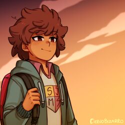 1girl amphibia anne_boonchuy artist_name backpack bag brown_eyes brown_hair ciervobizarro cloud collared_shirt dark-skinned_female dark_skin from_side grey_shirt hood hoodie light_blush light_smile looking_afar school_uniform shirt short_hair sjms_school_uniform sky sunset upper_body