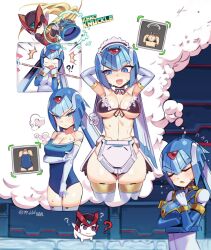 1girl armor armored_skirt bikini black_bikini blue_armor blue_helmet blue_one-piece_swimsuit breasts cleavage commentary_request cowboy_shot ddg160 fairy_leviathan_(mega_man) forehead_jewel helmet highres maid maid_bikini maid_headdress medium_breasts mega_man_(series) mega_man_zero_(series) multiple_views one-piece_swimsuit robot_girl skindentation speech_bubble swimsuit thought_bubble twitter_username unconventional_maid