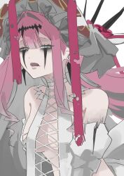 1girl absurdres baobhan_sith_(fate) baobhan_sith_(third_ascension)_(fate) blood blood_from_mouth breasts cross-laced_clothes cross-laced_dress detached_sleeves dress earrings facial_mark fangs fate/grand_order fate_(series) frilled_hairband frills hairband hat highres hiyakamosirenai jewelry long_hair looking_at_viewer open_mouth pink_hair revealing_clothes sidelocks solo white_background white_dress white_hat