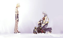 Rule 34 | 3boys, black jacket, black pants, black shirt, black shoes, blonde hair, blue pants, brown hair, commentary, english commentary, from side, full body, grey background, grey hair, head on another&#039;s chest, hug, illbewaiting, jacket, kingdom hearts, kingdom hearts ii, kneeling, looking at another, looking down, looking up, male focus, medium hair, multiple boys, no eyes, no mouth, pants, pouch, riku (kingdom hearts), roxas, sad, shirt, shoes, short hair, short sleeves, sora (kingdom hearts), spiked hair, standing, thigh pouch, vest, white jacket, white shoes, white vest