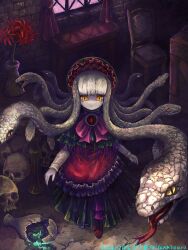 1girl bonnet commentary_request dress expressionless fantasy flower full_body highres indoors lolita_fashion looking_at_viewer monster_girl original pale_skin potion red_dress skull slit_pupils snake snake_hair solo spider_lily taitannsouru yellow_eyes