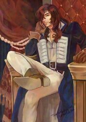 1boy belt belt_buckle blue_coat boots brown_belt brown_boots brown_eyes brown_gloves brown_hair buckle castlevania:_symphony_of_the_night castlevania_(series) coat commentary_request crossed_legs curtains gloves hair_over_one_eye hand_on_own_face head_rest long_hair long_sleeves looking_at_viewer male_focus pants richter_belmont shirt sitting smile solo throne white_pants white_shirt yoshidasetsu