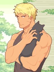 1boy animal black_cat blonde_hair brown_eyes cat catnipsmoker_(hakino) commentary cormag_(fire_emblem) dithering english_commentary fire_emblem fire_emblem:_the_sacred_stones highres holding holding_animal holding_cat male_focus nintendo short_hair tank_top upper_body