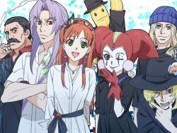 2girls 5boys breasts casual chrono_cross closed_mouth doc_(chrono_cross) facepaint fargo_(chrono_cross) gloves green_eyes harlequin hat jester_cap jewelry karsh long_hair looking_at_viewer lucky_dan multiple_boys multiple_girls necklace open_mouth orange_hair pierre_(chrono_cross) red_eyes red_gloves leena_(chrono_cross) smile smoking harle_(chrono_cross)