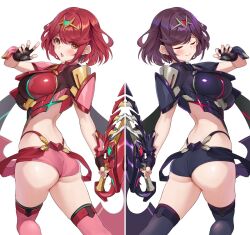 1girl ahoge ass black_hair blush breasts circlet closed_eyes dual_persona fingerless_gloves from_behind gloves highres large_breasts looking_at_viewer looking_back matrix16 open_mouth pyra_(xenoblade) red_eyes red_hair short_hair short_shorts shorts sideboob smile solo thighhighs weapon xenoblade_chronicles_(series) xenoblade_chronicles_2