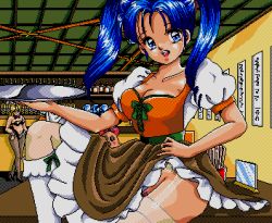 2girls alice_soft animal_ears bikini black_bikini black_footwear blue_eyes blue_hair breasts brown_skirt ceiling clothes_lift fake_animal_ears high_heels indoors knee_up lifting_own_clothes looking_at_viewer lowres medium_breasts msx2 multiple_girls no_panties on_table pixel_art pubic_hair pubic_hair_peek puffy_short_sleeves puffy_sleeves rance_(series) rance_03_leazas_kanraku self_exposure shoes short_sleeves sitting skirt skirt_lift solo_focus standing swimsuit table tagme thighhighs tray twintails waitress white_legwear