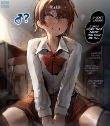 1boy alterkyon black_thighhighs blush bow bowtie brown_hair clenched_teeth collared_shirt crossdressing crossdressing_(mtf) english_text grey_eyes highres open_mouth original red_bow red_bowtie shirt short_hair sitting solo spread_legs sweatdrop teeth thighhighs trap white_shirt zettai_ryouiki
