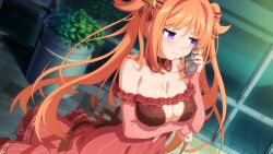 1girl alternate_costume ayu_(sakura_succubus) bell cellphone dress frilled_dress frills game_cg hair_ornament hairpin highres holding holding_phone neck_bell night off_shoulder official_art orange_hair outdoors phone pout purple_eyes sakura_succubus twintails