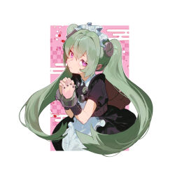 1girl apron belt black_dress black_nails corin_wickes cuffs dress egasumi green_hair hair_ornament highres interlocked_fingers long_hair looking_at_viewer maid_headdress own_hands_together parted_lips pink_hair raneblu sidelocks solo stuffed_animal stuffed_toy sweatdrop teddy_bear twintails upper_body very_long_hair zenless_zone_zero