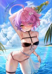 absurdres ahoge arm_behind_head armpits artist_request beach benghuai_xueyuan bikini black_bikini blue_sky breasts cloud commentary_request commission flower hair_flower hair_ornament heart heart-shaped_pupils highres holding holding_water_gun honkai_(series) huge_ahoge looking_at_viewer navel ocean outdoors pink_hair purple_eyes second-party_source sharp_teeth short_hair sin_mal sky small_breasts stomach swimsuit symbol-shaped_pupils teeth thigh_strap wading water_gun yellow_eyes