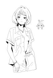 1girl absurdres belt blush bracelet closed_mouth collared_shirt greyscale highres isana_(isana9075) jewelry looking_at_viewer monochrome original shirt short_hair short_sleeves simple_background white_background