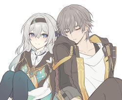 1boy 1girl aqua_thighhighs blue_pupils blue_ribbon blush brown_hairband brown_jacket brown_pants caelus_(honkai:_star_rail) closed_eyes collared_shirt detached_sleeves firefly_(honkai:_star_rail) gradient_eyes gradient_hair grey_hair hair_between_eyes hair_intakes hair_ornament hair_ribbon hairband honkai:_star_rail honkai_(series) jacket long_hair long_sleeves multicolored_eyes multicolored_hair neckerchief open_clothes open_jacket orange_neckerchief pants ribbon shiosio shirt simple_background sitting sleeping sleeping_on_person smile thighhighs trailblazer_(honkai:_star_rail) two-tone_eyes white_background white_shirt white_sleeves