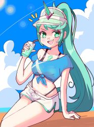 Rule 34 | 1girl, absurdres, beach, bikini, bikini under clothes, black bikini, blue shirt, blue sky, blush, breasts, chest jewel, cloud, collarbone, core crystal (xenoblade), cropped shirt, cup, drinking straw, gem, green eyes, green hair, hat, high ponytail, highres, holding, holding cup, hoshinokotta, large breasts, long hair, looking at viewer, ocean, open mouth, outdoors, pneuma (xenoblade), ponytail, shirt, short sleeves, shorts, sitting, sky, smile, solo, swimsuit, teeth, upper teeth only, very long hair, visor cap, white shorts, xenoblade chronicles (series), xenoblade chronicles 2