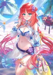 1girl alternate_costume apple aqua_eyes bare_shoulders bikini blue_gemstone blush breasts cleavage collarbone commentary_request day double_bun flower food fruit gem genshin_impact hair_bun hair_flower hair_ornament hand_up highres holding holding_sandals hydro_symbol_(genshin_impact) jewelry kachayori long_hair looking_at_viewer medium_breasts navel nilou_(genshin_impact) open_mouth outdoors palm_tree purple_flower red_hair sandals solo stomach swimsuit thighlet tree unworn_sandals very_long_hair vision_(genshin_impact) water white_bikini yellow_flower