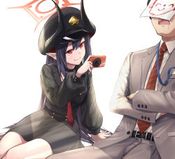 1boy 1girl arm_support belt black_belt black_choker black_hair black_hat black_horns black_shirt black_skirt blue_archive camera chiaki_(blue_archive) choker closed_mouth collared_shirt commentary convenient_arm crossed_arms curved_horns demon_girl demon_horns doodle_sensei_(blue_archive) drooling feet_out_of_frame grey_jacket grey_pants hair_between_eyes hair_spread_out halo hand_up hat highres holding holding_camera horns jacket kokage_yugure long_hair long_sleeves looking_at_another mouth_drool necktie open_clothes open_jacket open_mouth pants paper_on_head peaked_cap puffy_long_sleeves puffy_sleeves red_eyes red_halo red_necktie school_uniform sensei_(blue_archive) shadow shirt short_hair side-by-side sidelocks simple_background sitting skirt sleeping slit_pupils smile smug straight_hair teeth upper_teeth_only very_long_hair white_background white_shirt