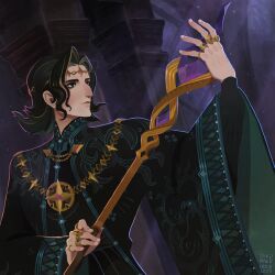1boy absurdres afk_(series) afk_journey artist_name bags_under_eyes black_eyes black_hair black_robe circlet closed_mouth column curtained_hair cyran_(afk) flipped_hair gold_necklace gold_ring highres holding holding_staff jewelry layered_sleeves light_rays long_sleeves mage_staff male_focus mandarin_collar medium_hair multiple_rings necklace parted_bangs pillar ring robe solo staff sunbeam sunlight upper_body wide_sleeves windmaedchen