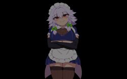 1girl animated animated_gif apron blush breasts cleavage fellatio_gesture grey_hair izayoi_sakuya large_breasts looking_at_viewer maid maid_apron maid_headdress namako_daibakuhatsu oral_invitation pov red_eyes sexually_suggestive short_hair smile solo solo_focus thick_thighs thighs time_stop tongue tongue_out touhou underboob