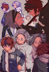 2boys :d ahoge aotsuki_eito arm_up black_gloves black_pants black_streaks blue_eyes blue_jacket blue_outline blush breast_pocket closed_eyes crying crying_with_eyes_open different_reflection drawstring evil_smile gakuran glasses gloves grey_background grey_hair grey_jacket highres holding holding_sword holding_weapon hood hoodie jacket koka-ka_metoro last_defense_academy_school_uniform looking_at_another looking_at_mirror male_focus mirror multicolored_hair multicolored_jacket multiple_boys multiple_views nose_blush one_eye_closed open_mouth outline pants pocket purple_eyes red_hair reflection school_uniform short_hair simple_background smile sparkle spoilers streaked_hair sumino_takumi sunglasses sword tears the_hundred_line_-last_defense_academy- thigh_strap two-tone_jacket weapon white_hoodie white_jacket white_outline wide-eyed yaoi