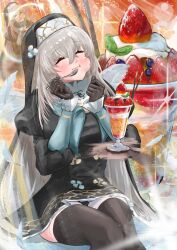 1girl absurdres black_dress black_gloves black_hat black_thighhighs blue_archive blue_neckerchief blush closed_eyes closed_mouth collar crossed_bangs dress food food_in_mouth gloves hat highres holding holding_spoon kc_ncp long_hair looking_at_viewer neckerchief nun parfait sakurako_(blue_archive) sidelocks sitting solo spoon thighhighs white_collar white_hair zettai_ryouiki