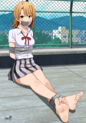 1girl absurdres arms_behind_back barefoot bdsm blush body_blush bondage bound bound_ankles breast_bondage breasts brown_eyes brown_hair collarbone gag gagged hair_between_eyes highres improvised_gag isshiki_iroha legs long_legs looking_at_viewer miniskirt open_collar ribbon school_uniform shadow_xcp skirt tape tape_gag toenails toes yahari_ore_no_seishun_lovecome_wa_machigatteiru.