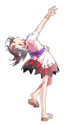 Rule 34 | 1girl, alphes (style), arm up, black hair, blush, bracelet, brown sandals, commentary request, cone horns, dairi, dress, full body, grey horns, highres, horns, jewelry, kijin seija, large variant set, leaning back, medium hair, multicolored hair, outstretched arm, parody, puffy short sleeves, puffy sleeves, red hair, sandals, short sleeves, small horns, solo, streaked hair, style parody, tachi-e, touhou, transparent background, variant set, white hair
