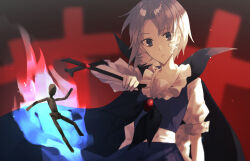 Rule 34 | 1girl, black bow, black bowtie, black cape, blue dress, blue fire, bow, bowtie, cape, collar, cross, doll, dress, fire, grey eyes, highres, kioh gyoku, muse (seihou), otoshiro kosame, red background, red brooch, seihou, short sleeves, white bow, white collar, white hair