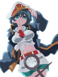 1girl anchor anchor_symbol aqua_eyes belt belt_buckle black_coat black_hair buckle coat collared_shirt cowboy_shot gold_trim grin hat hat_tip highres impossible_clothes looking_at_viewer midriff murasa_minamitsu navel neckerchief red_neckerchief ryouryou shirt short_hair shorts smile solo tied_shirt touhou white_background white_hat white_shirt white_shorts