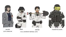 Rule 34 | 2girls, absurdres, ammunition pouch, assault rifle, black gloves, bulletproof vest, character name, cropped legs, glasses, gloves, gun, hat legs, helmet, highres, holding, holding shovel, id card, load bearing vest, long hair, magazine (weapon), mask, multiple girls, original, pouch, respirator, rifle, round eyewear, scp foundation, shocel, shovel, weapon, white background