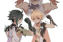 1girl 2boys :3 absurdres aether_(genshin_impact) anger_vein arm_tattoo black_gloves black_hair blonde_hair closed_eyes closed_mouth flexing genshin_impact gloves green_hair hand_on_own_arm highres male_focus multicolored_hair multiple_boys muscular muscular_female nihon_no_hentai open_mouth paimon_(genshin_impact) shaded_face short_sleeves simple_background sound_effects sparkle tattoo toned toned_male upper_body white_background xiao_(genshin_impact)