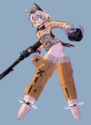 1girl animal_ears bird_ears bird_girl bird_tail blonde_hair dropping drum_magazine goggles goggles_around_neck grey_eyes gun hat holding holding_weapon looking_back machine_gun magazine_(weapon) mg42 military military_hat military_uniform panties raisa_pottgen short_hair simple_background strike_witches striker_unit tail underwear user_vgfd8883 weapon world_witches_series