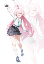1girl aqua_necktie black_gloves black_shoes black_skirt blue_archive blush closed_eyes fingerless_gloves gloves gya_(144) hair_between_eyes halo highres hoshino_(blue_archive) long_hair long_sleeves necktie open_mouth pink_hair pink_halo shirt shoes skirt smile sneakers socks solo very_long_hair white_background white_shirt white_socks zoom_layer