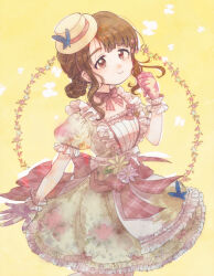 Rule 34 | 1girl, asymmetrical bangs, blunt bangs, boater hat, brown eyes, brown hair, butterfly ornament, closed mouth, cowboy shot, dot nose, dress, en trtr, eyelashes, flower, frilled gloves, frills, gloves, green dress, hair bun, idolmaster, idolmaster million live!, idolmaster million live! theater days, looking at viewer, miyao miya, official alternate costume, official alternate hairstyle, parted bangs, pink gloves, puffy short sleeves, puffy sleeves, short sleeves, sidelocks, smile, solo, yellow background