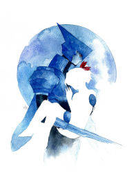 Rule 34 | android, asagi marin, blue skin, bow, brigadoon, carrying, colored skin, commentary, crying, english commentary, faux traditional media, highres, melan blue, princess carry, red bow, red eyes, silhouette, standing, unca black, white background