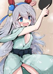 Rule 34 | 1girl, akizuki shigure, animal ears, blue eyes, blue hairband, breasts, cleavage, ear covers, fang, green kimono, grey hair, hairband, highres, holding, holding table tennis paddle, horse ears, horse girl, horse tail, japanese clothes, kimono, long hair, looking at viewer, open mouth, paddle, small breasts, solo, sweat, table tennis paddle, tail, tamamo cross (umamusume), umamusume
