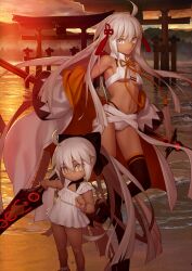 2girls age_difference ahoge bare_shoulders beach bead_bracelet beads bikini black_bow black_thighhighs blunt_ends bow bracelet breasts breasts_apart bright_pupils child chinese_knot closed_mouth fate/grand_order fate_(series) floating_hair frilled_shirt frills game_cg grey_eyes hair_between_eyes hair_bow hair_ornament halterneck height_difference holding holding_sword holding_weapon huge_weapon japanese_clothes jewelry katana kimono long_hair long_sleeves looking_at_viewer multi-strapped_bikini_bottom multi-strapped_bikini_top multiple_girls navel off_shoulder official_art okita_souji_(fate) okita_souji_alter_(swimsuit_saber)_(fate) okita_souji_alter_(swimsuit_saber)_(second_ascension)_(fate) open_clothes open_kimono outstretched_arms platform_sandals ponytail rengoku_(fate) rengoku_(second_ascension)_(fate) rengoku_(sword)_(fate) sandals shirt short_sleeves sidelocks small_breasts smile standing standing_on_one_leg stirrup_legwear stomach swimsuit swimsuit_under_clothes sword takeuchi_takashi tassel thighhighs third-party_source toeless_legwear toes torii underboob variant_set very_long_hair weapon white_bikini white_hair white_kimono white_pupils white_sandals white_shirt wide_sleeves yellow_eyes