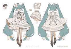 1girl amd_aoneko bare_shoulders blue_eyes blue_hair bow brown_hat brown_ribbon brown_shoes brown_thighhighs closed_mouth clothing_cutout commentary copyright_notice dress english_commentary full_body hair_between_eyes hair_bow hat hatsune_miku highres long_hair long_sleeves multiple_views neck_ribbon number_tattoo official_art ribbon shoes shoulder_cutout shoulder_tattoo simple_background standing tattoo thighhighs twintails very_long_hair vocaloid white_background white_bow white_dress wide_sleeves