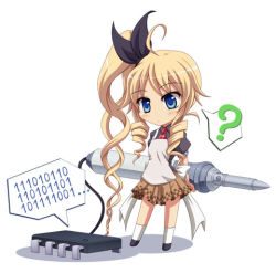 Rule 34 | 1girl, ?, ahoge, apron, arms behind back, asymmetrical hair, bad id, bad pixiv id, binary, blonde hair, blue eyes, blush, bow, chibi, computer chip, drill hair, drill sidelocks, female focus, full body, hair bow, ishida seito, long hair, lowres, mini person, minigirl, numbers, original, pleated skirt, red neckwear, side ponytail, sidelocks, simple background, skirt, socks, soldering iron, solo, speech bubble, spoken question mark, standing, very long hair, white background, white socks
