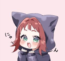 1girl :3 :d animal_ear_hood animal_ears black_pajamas blush cat_ears chibi chibi_only clenched_hands cosplay fake_animal_ears green_eyes hair_intakes hood hood_up kigurumi kimi_no_koto_ga_dai_dai_dai_dai_daisuki_na_100-nin_no_kanojo long_sleeves looking_at_viewer official_alternate_costume open_mouth pajamas parted_bangs pink_background portrait red_hair short_bangs short_hair sidelocks simple_background sleeves_past_wrists smile solo thick_eyebrows yakuzen_kusuri yumenobetsu