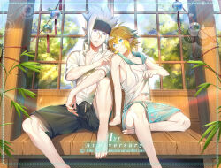 2boys alternate_costume anniversary aotu_world artist_name barefoot black_shorts blonde_hair blue_eyes clothes_lift collarbone collared_shirt day elf english_text food grey_(aotu_world) hair_between_eyes headband hood hood_down hoodie hot indoors jinkoika king_(aotu_world) lifting_own_clothes looking_at_another male_focus multicolored_hair multiple_boys navel outdoors parted_lips plant pointy_ears popsicle purple_eyes shirt shirt_lift short_hair short_sleeves shorts sitting sleeveless sleeveless_hoodie spiked_hair summer sunlight sweat tree watermark web_address white_hair white_shirt wind_chime window yaoi