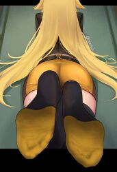 1girl absurdres artist_name ashikaga_chachamaru ass bare_legs belt black_belt black_shirt black_thighhighs blonde_hair commission crossed_ankles feet feet_up foot_focus foreshortening from_above from_behind full_body highres long_hair lying namukot no_shoes on_stomach pixiv_commission shirt short_shorts shorts soles solo soukou_akki_muramasa the_pose thighhighs toes twitter_username two-tone_legwear variant_set very_long_hair yellow_shorts yellow_thighhighs