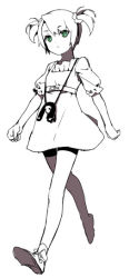 1girl belt clenched_hand closed_mouth commentary_request doll dress green_eyes greyscale hair_ornament looking_at_viewer misti monochrome shoes short_dress short_hair short_sleeves solo spot_color steins;gate tennouji_nae toy twintails walking