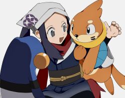 1girl :d akari_(pokemon) black_pantyhose black_sash blue_hair blue_jacket buizel croagunk dark_blue_hair galaxy_expedition_team_survey_corps_uniform gen_4_pokemon gradient_clothes gradient_skirt grey_eyes headscarf highres jacket long_hair miniskirt nintendo open_mouth pantyhose pokemon pokemon_(creature) pokemon_legends:_arceus red_scarf sash scarf shichibee_(stm_mimi) simple_background skirt smile white_background white_headscarf