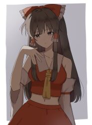 Rule 34 | 1girl, ascot, bow, breasts, brown eyes, brown hair, commentary, detached sleeves, frilled bow, frilled hair tubes, frills, hair bow, hair tubes, hakurei reimu, highres, long hair, mati100311, midriff, navel, red bow, red skirt, skirt, skirt set, solo, touhou, yellow ascot