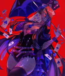 1girl ace_(playing_card) ace_of_spades breasts card glowing glowing_eyes hat highres holding holding_card holding_umbrella leotard lilith_(pgr) long_hair parasol playing_card punishing:_gray_raven sanya_(sanya_lox228) solo spade_(shape) thighhighs top_hat umbrella