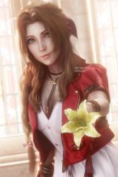 1girl 3d absurdres aerith_gainsborough belt bow bracelet braid breasts brown_hair buttons choker church cleavage cropped_jacket dress final_fantasy final_fantasy_vii final_fantasy_vii_remake flower green_eyes hair_bow hair_ribbon highres holding holding_flower jacket jewelry lily_(flower) lips long_hair medium_breasts necklace parted_bangs pink_dress pink_ribbon red_jacket ria-neearts ribbon sidelocks smile solo square_enix upper_body wavy_hair window yellow_flower zipper