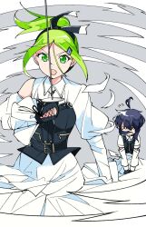 Rule 34 | 22/7, 2girls, belt, belt buckle, black belt, black gloves, black hair, bodice, bow, bow hairband, buckle, dress, epee, fencing, floating hair, flying sweatdrops, gloves, green eyes, green hair, grey background, hair bow, hair ornament, hairband, hairclip, high ponytail, highres, holding, holding sword, holding weapon, kiryu touko, long sleeves, looking at object, multiple girls, open mouth, parted bangs, ponytail, rock wa shinanai, short hair, simple background, standing, sword, takigawa miu, trefle r, two-tone bow, two-tone hairband, v-shaped eyebrows, v arms, weapon, white dress