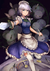 1girl apron bad_id bad_pixiv_id black_shoes blue_dress blue_eyes bow braid breasts chen_feng_si commentary_request dress dual_wielding expressionless female_focus foreshortening frilled_dress frills gears hair_bow highres holding holding_knife izayoi_sakuya knife leg_up light_particles looking_at_viewer magic_circle maid maid_apron maid_headdress reverse_grip ribbon roman_numeral shirt shoes short_dress short_hair short_sleeves silver_hair small_breasts solo spell_card thighhighs time touhou twin_braids white_shirt white_thighhighs